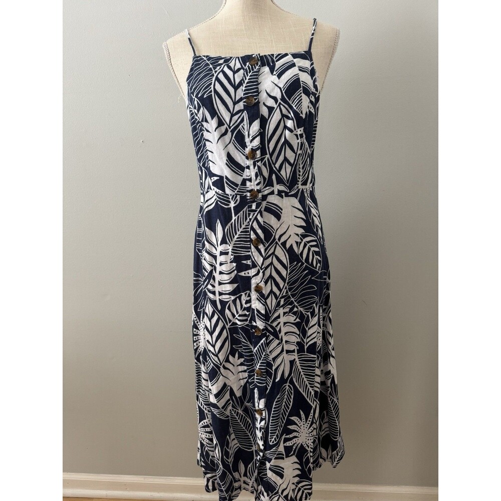 Old Navy Linen-Blend‎ Button-Front Navy Palm Printed Cami Midi Dress Sz M